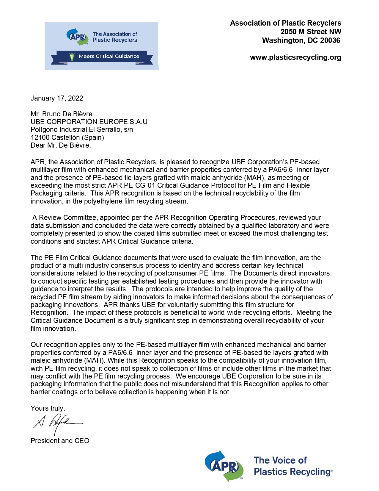 Recyclability of PE-based film with UBE's PA6/66 - Recognition from APR